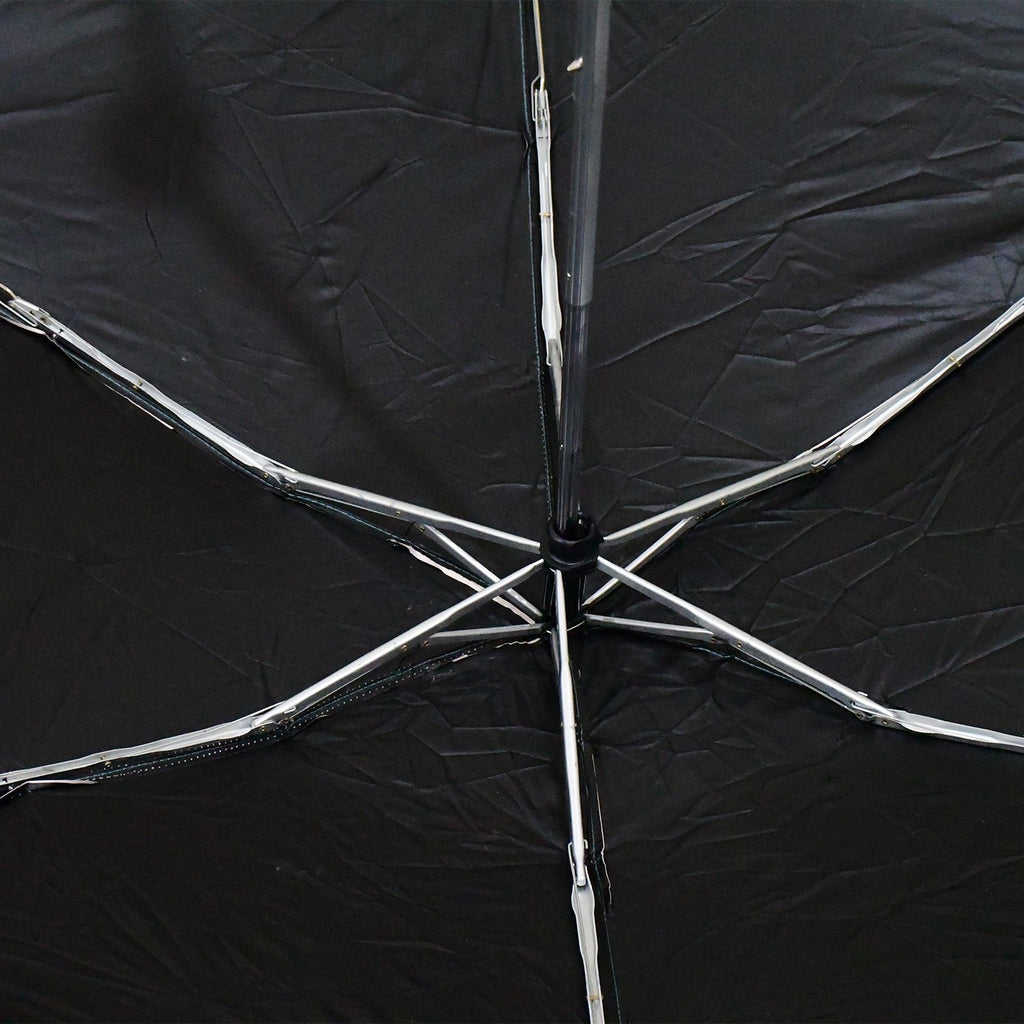 The interior of a black umbrella reveals its silver metal spokes and central mechanism.