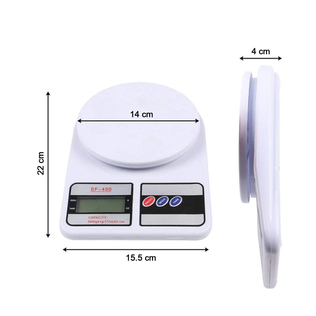 White digital kitchen scale displaying a weight of 0 grams, ready for use.