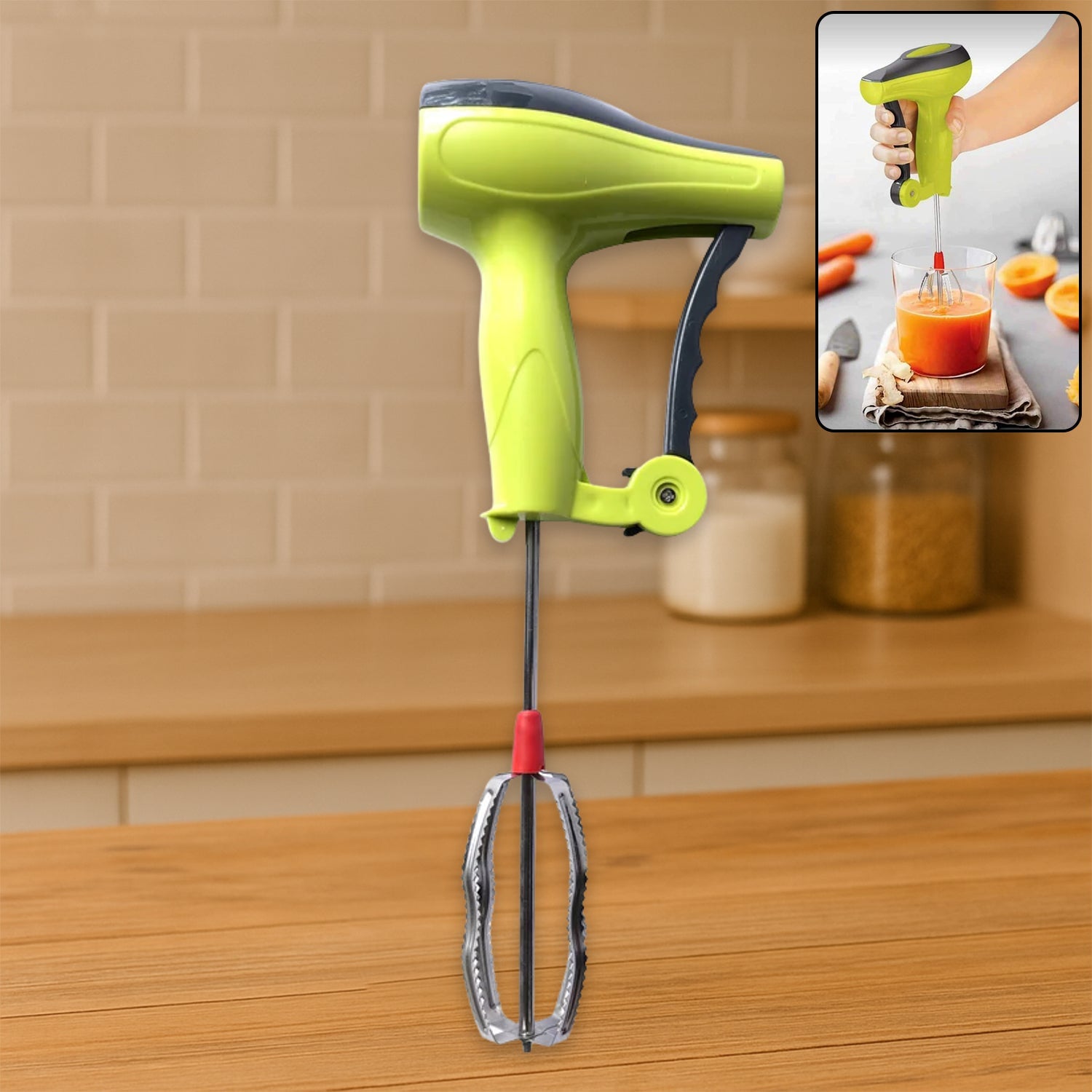 The Quickslice manual hand blender with stainless steel blades on a kitchen counter.