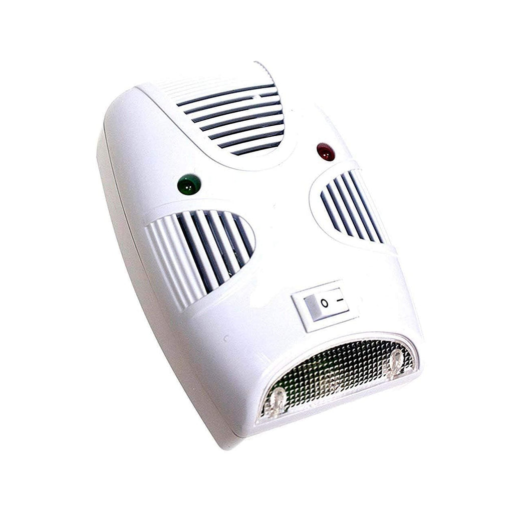 A single white plastic pest repeller with a switch, red and green lights, and a clear bottom panel with two bulbs.