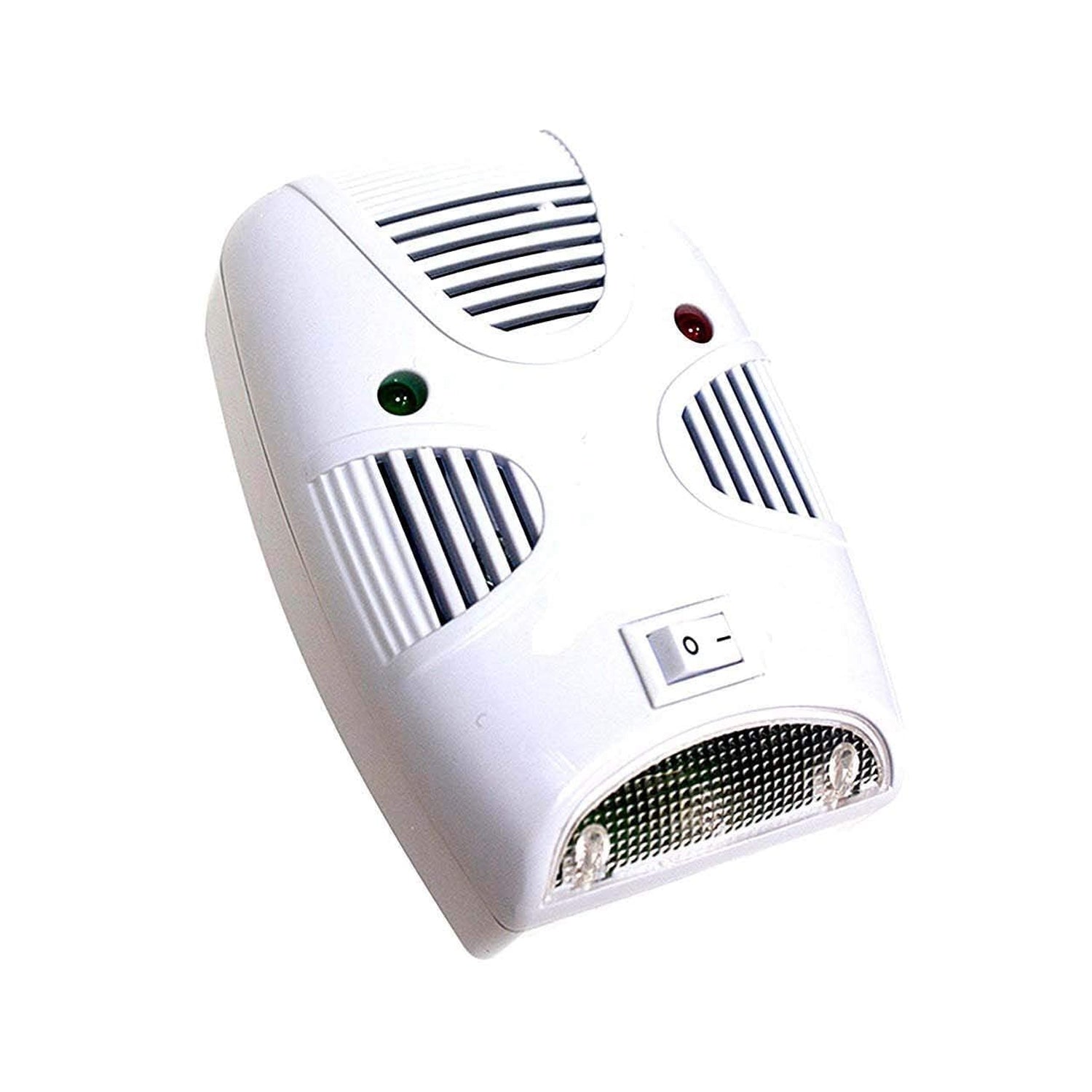 A single white plastic pest repeller with a switch, red and green lights, and a clear bottom panel with two bulbs.