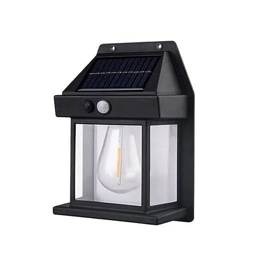 A single black solar wall lamp with a clear bulb and solar panel is displayed against a plain white background.