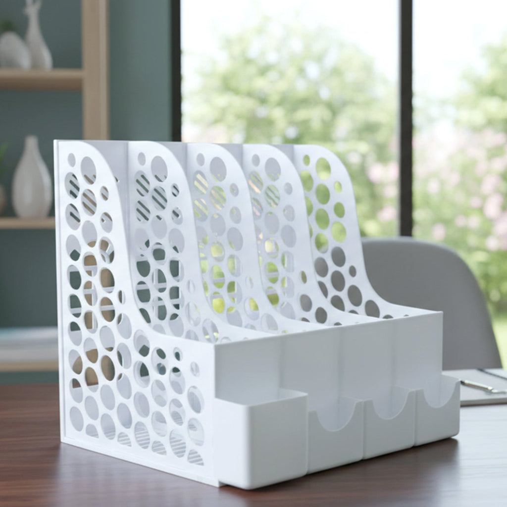 Desk organizer on an office desk improving file and stationery storage.