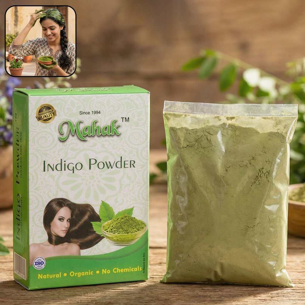 Glow facial herbal kit showcasing natural products including indigo powder