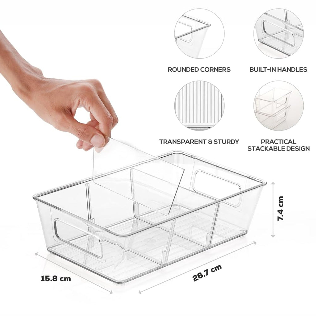Front view of a clear stackable refrigerator organizer bin, ready for use.