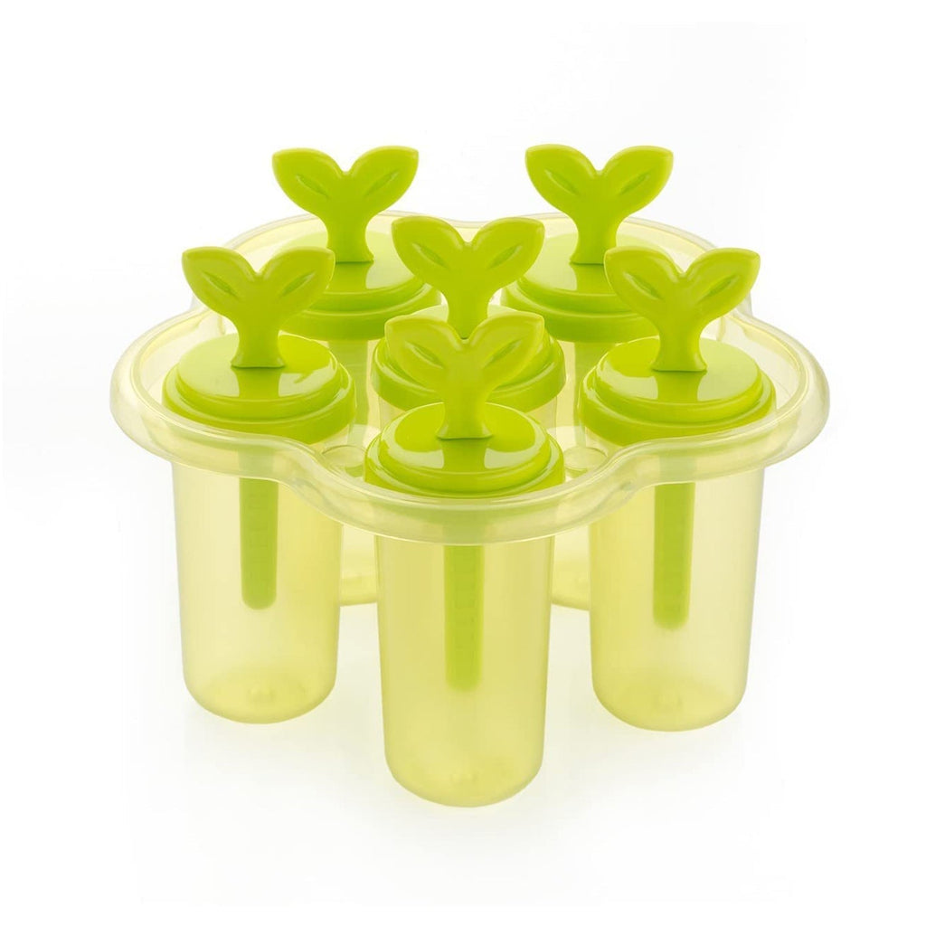 Top-down view of an ice candy maker with six slots.