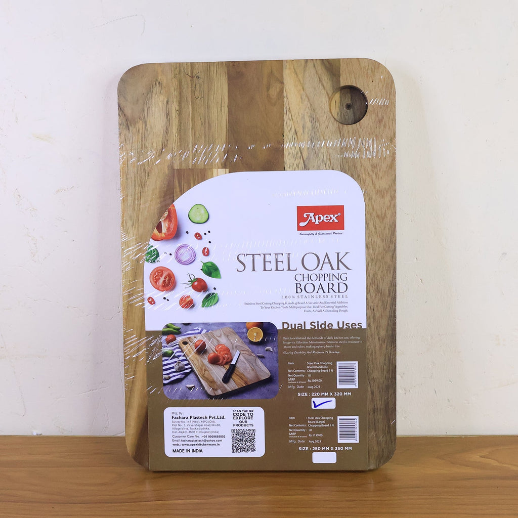Steel Oak Cutting Board resting on a wooden countertop