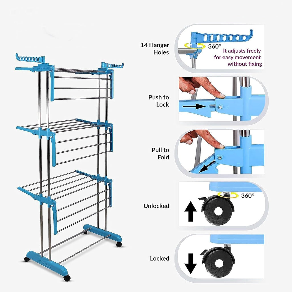 Stainless steel clothes drying stand with six adjustable wings for versatile drying.