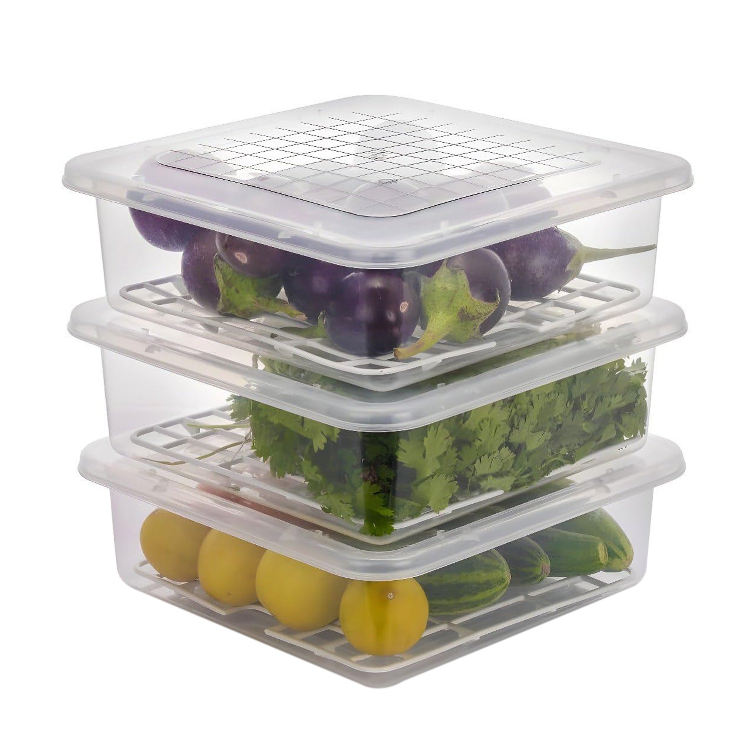 Stackable set of plastic food storage containers with airtight lids