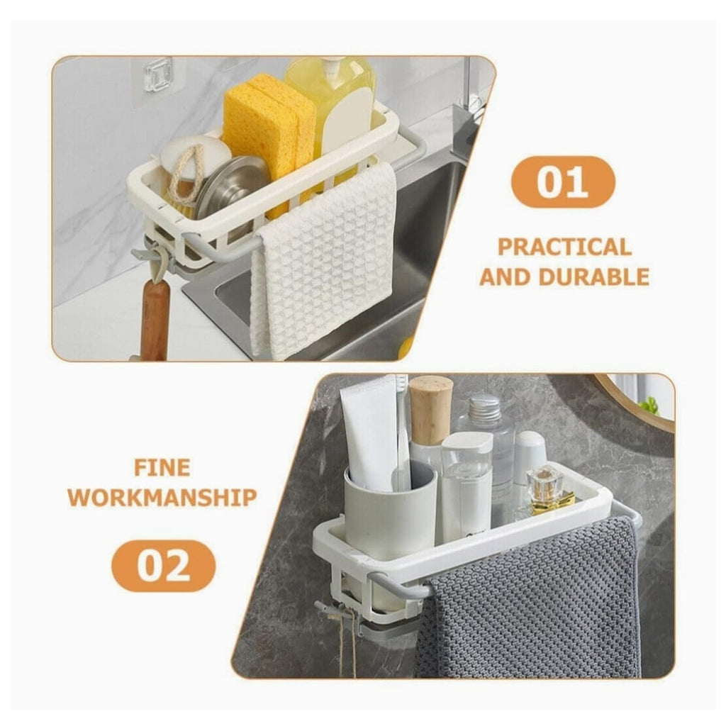 The retractable sink caddy efficiently holds various kitchen cleaning tools, optimizing space.