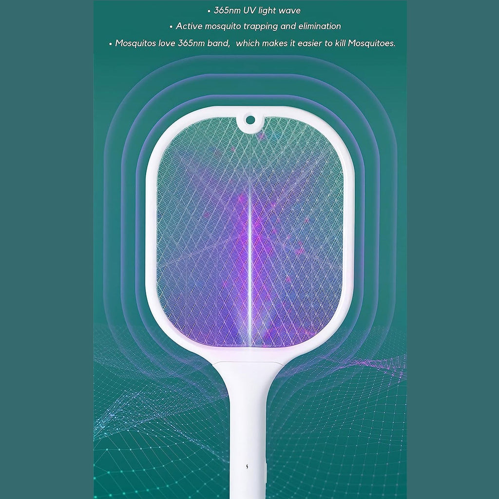 A white mosquito killer racket with a purple glowing grid is centered against a teal and green gradient background.