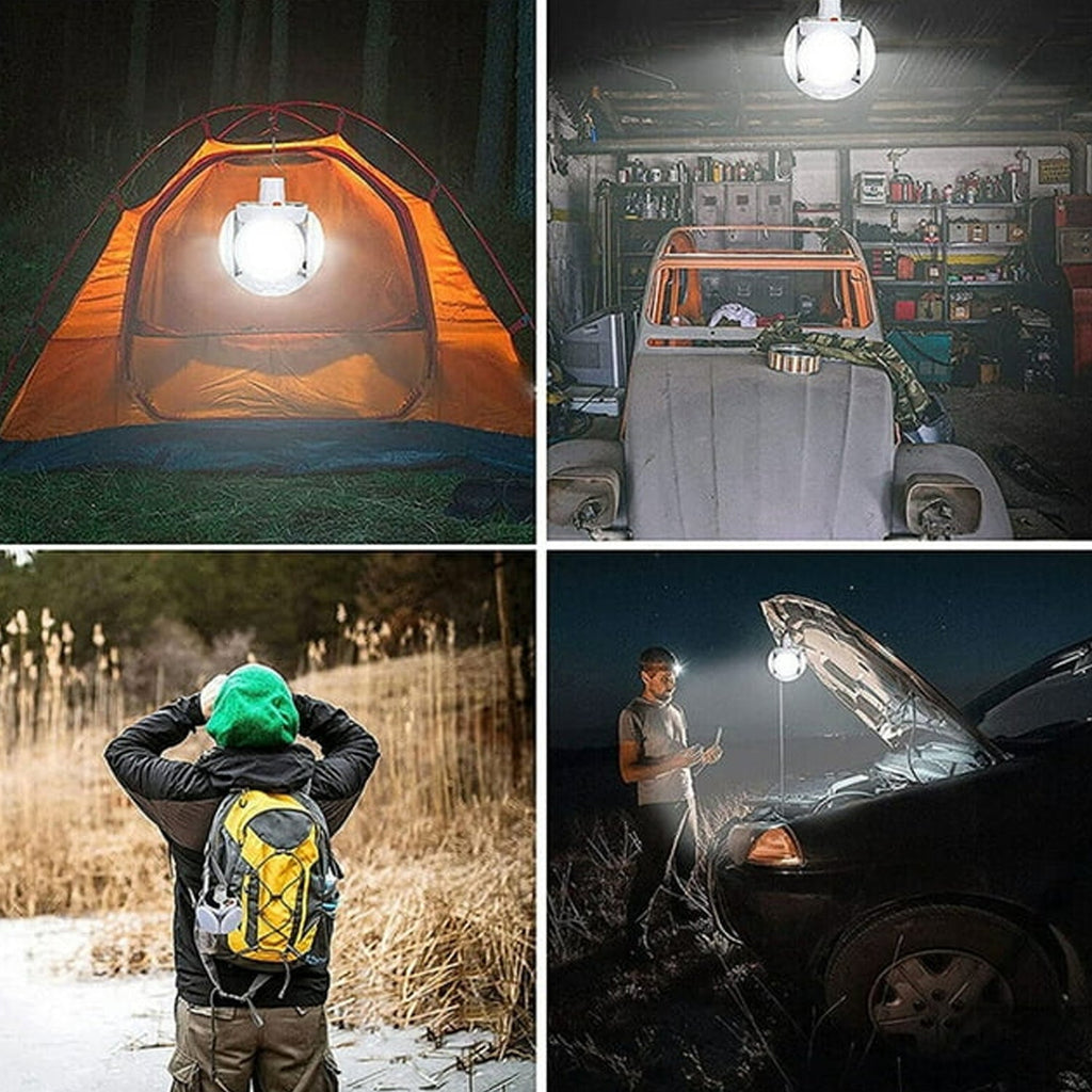 Four square images show the white solar camping light in use: inside a tent, in a garage, with a hiker, and under a car hood.