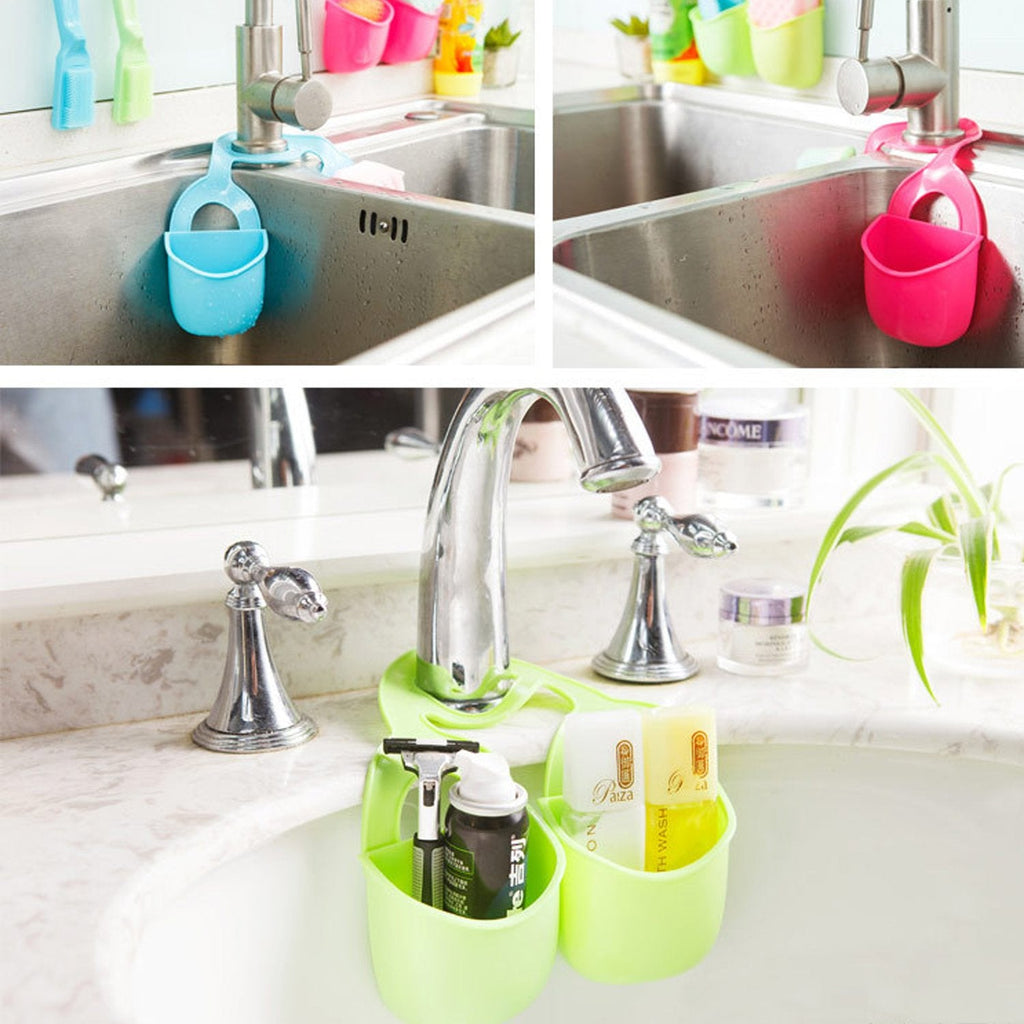 Side view of the double layer sink hanging storage basket