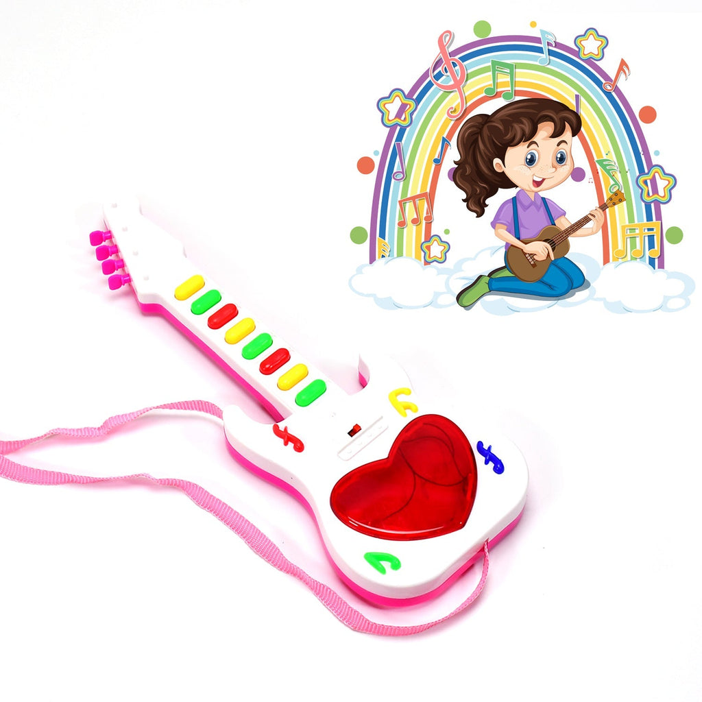 A child happily interacting with the colorful light-up guitar for kids.