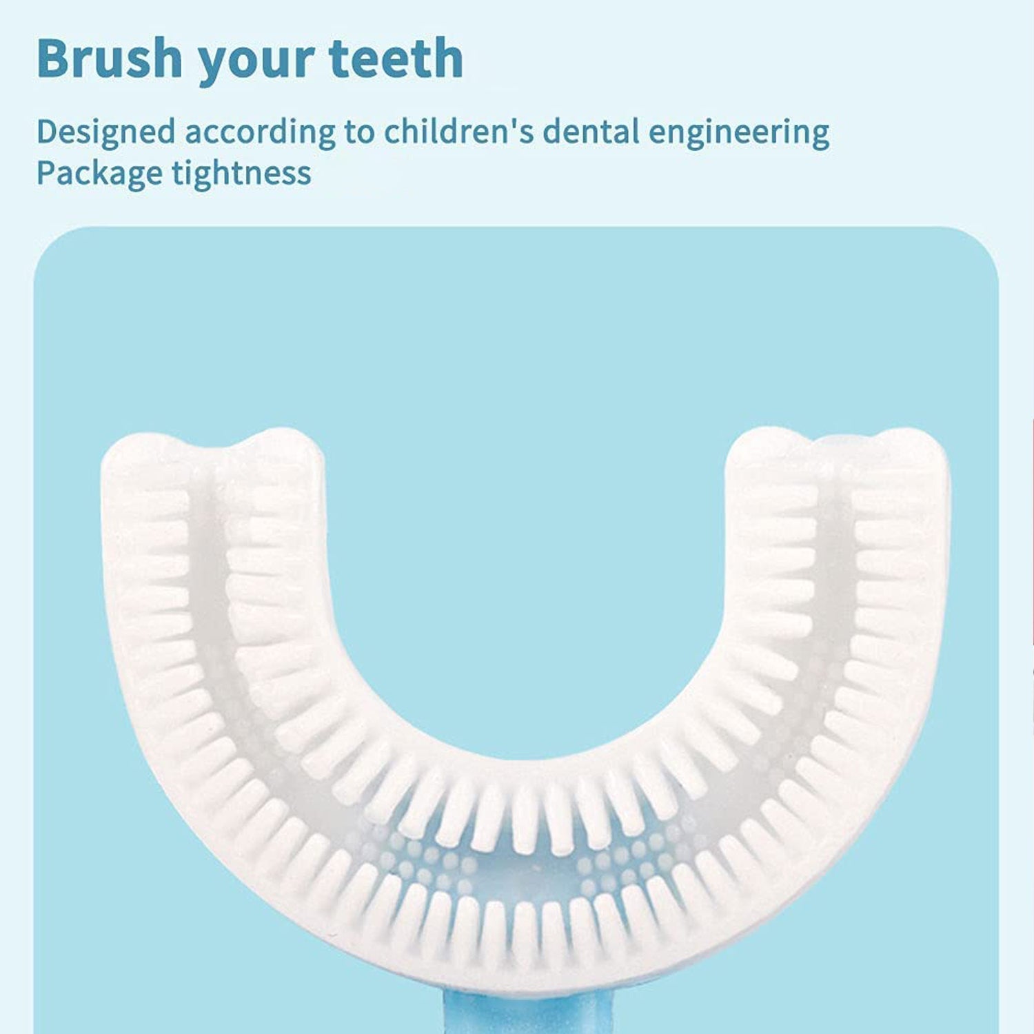 Detail view of the small head of a kids toothbrush, suitable for small mouths.