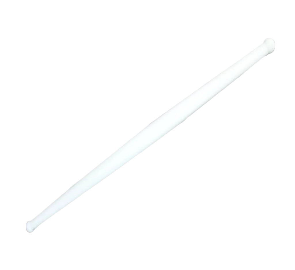 Durable white plastic rolling pin ready for chapati making on a kitchen counter.