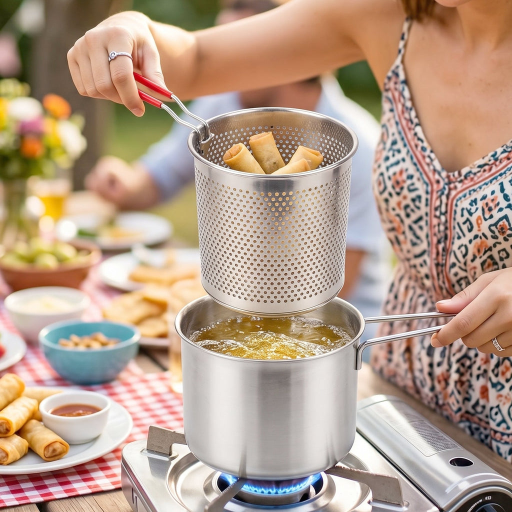 Frying set with strainer basket demonstrating draining process