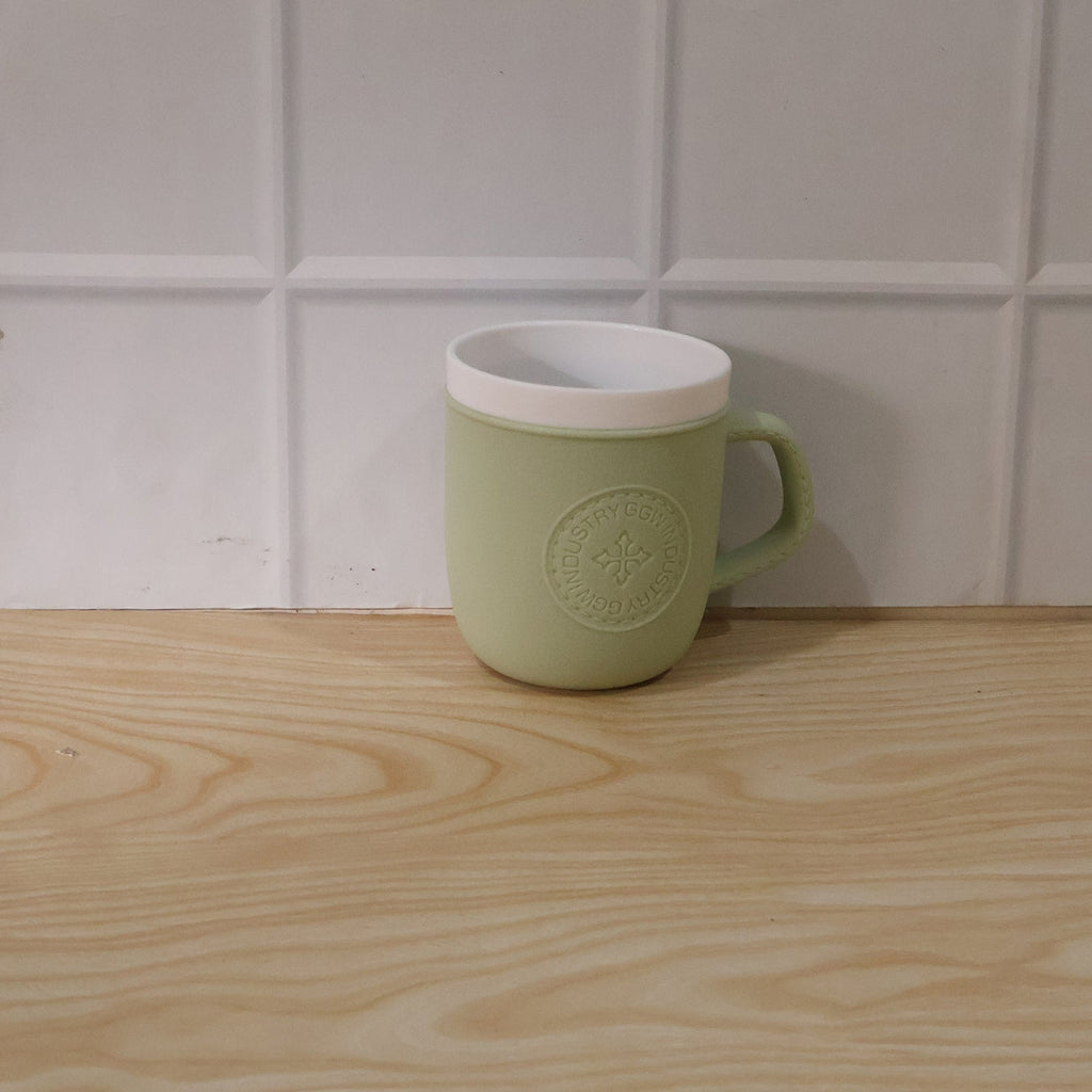 Close-up detail of the textured leather finish on the plastic mug