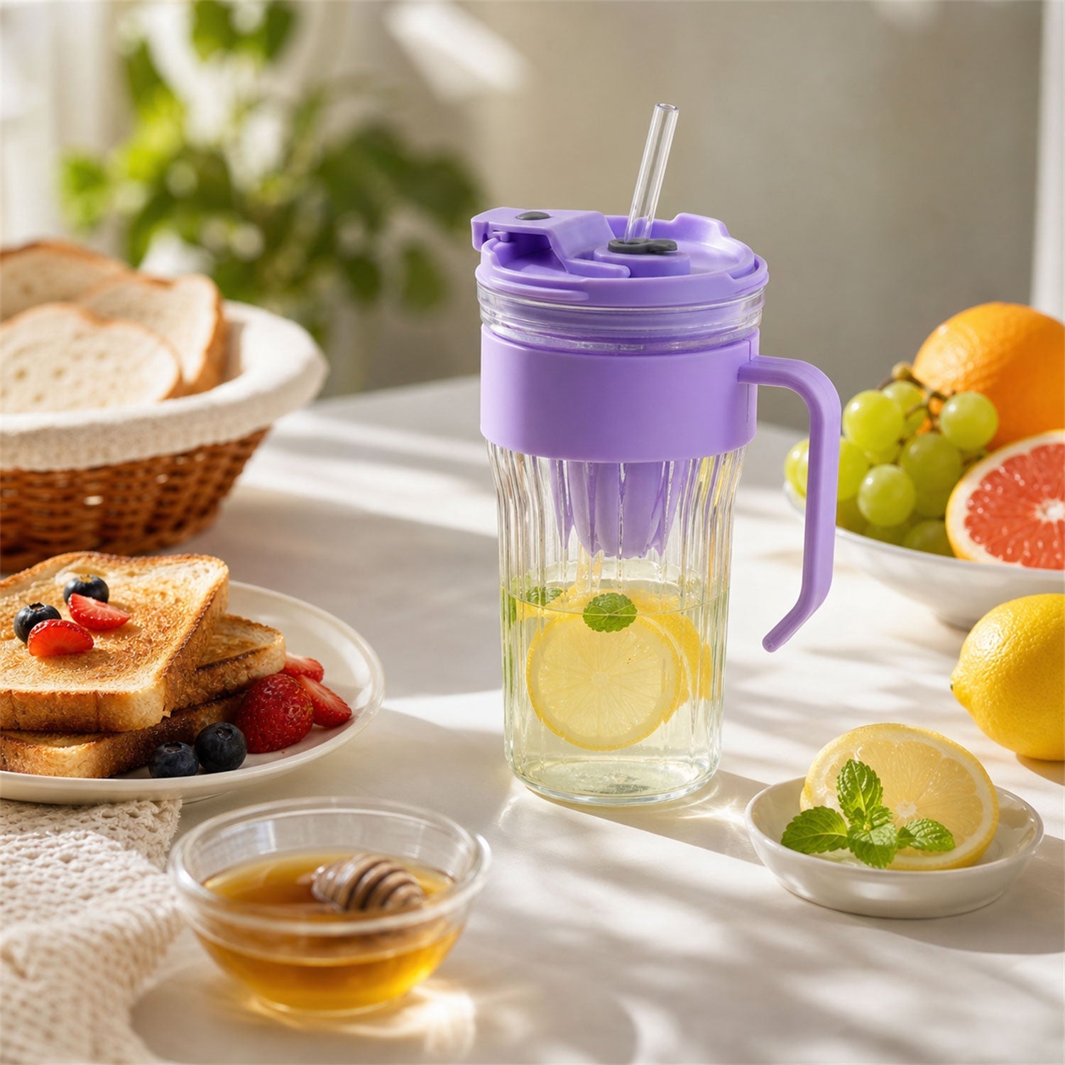 Ergonomic handle detail on a clear glass tumbler for comfortable grip.