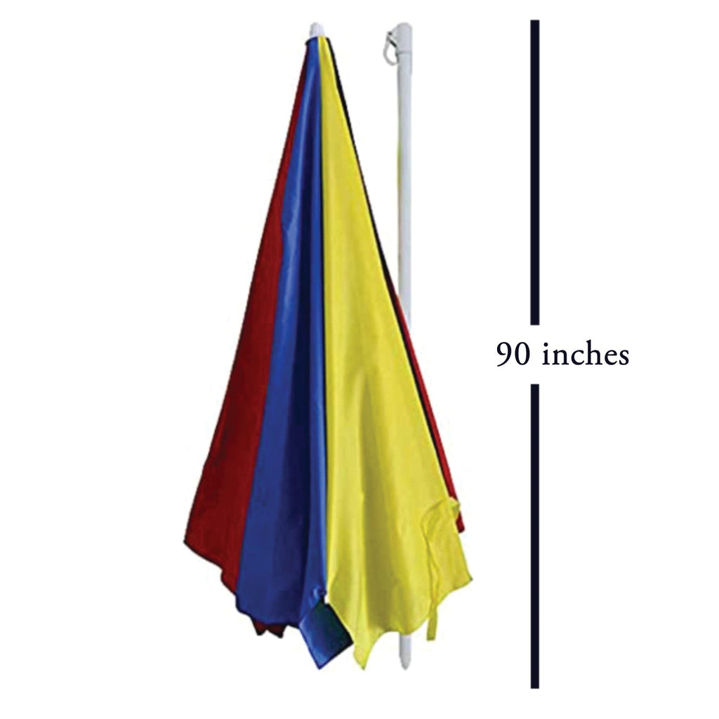 A colorful DrizzlePro umbrella is shown folded, with red, yellow, and blue panels visible, next to a 90-inch measurement