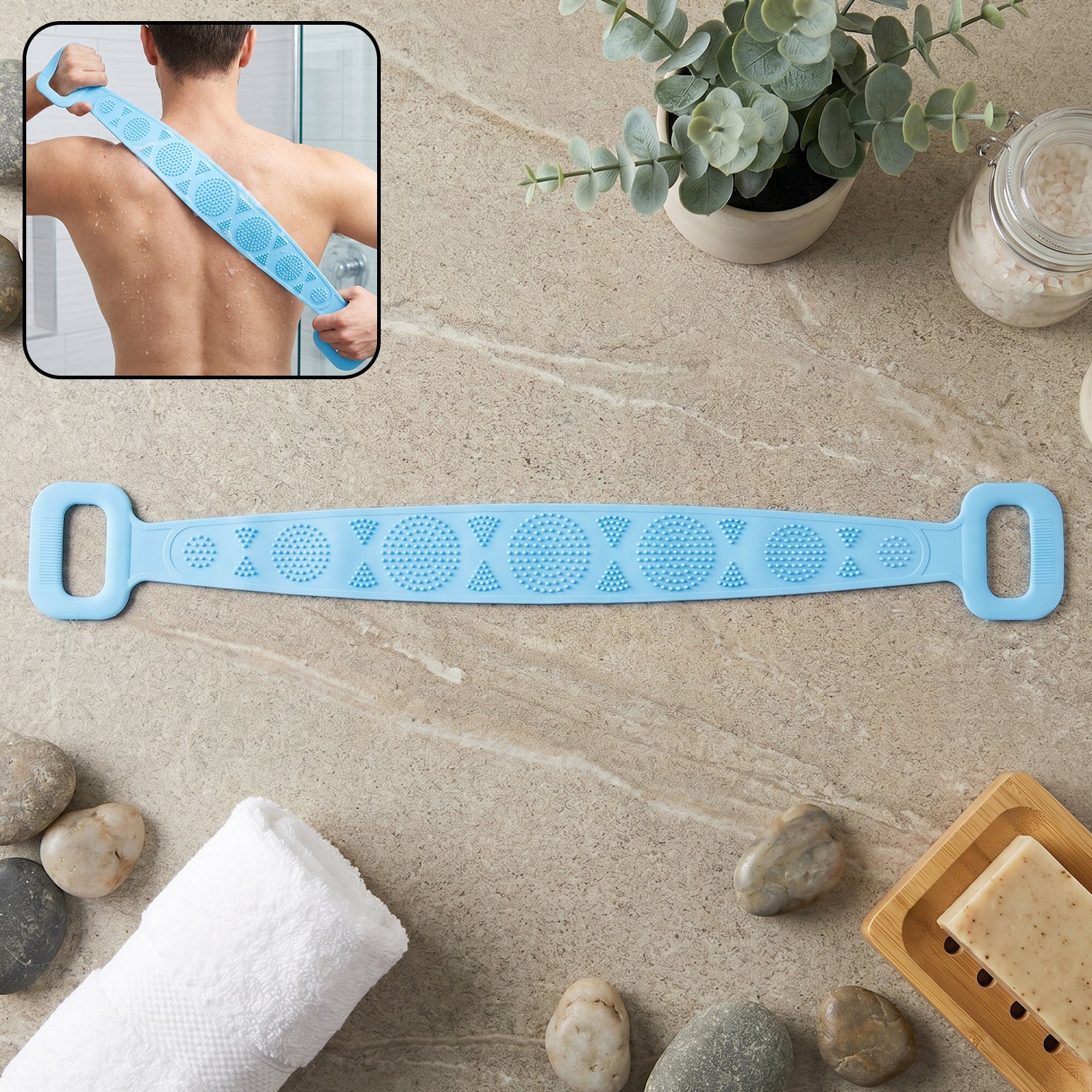Main view of silicone back scrubber belt with dual handles