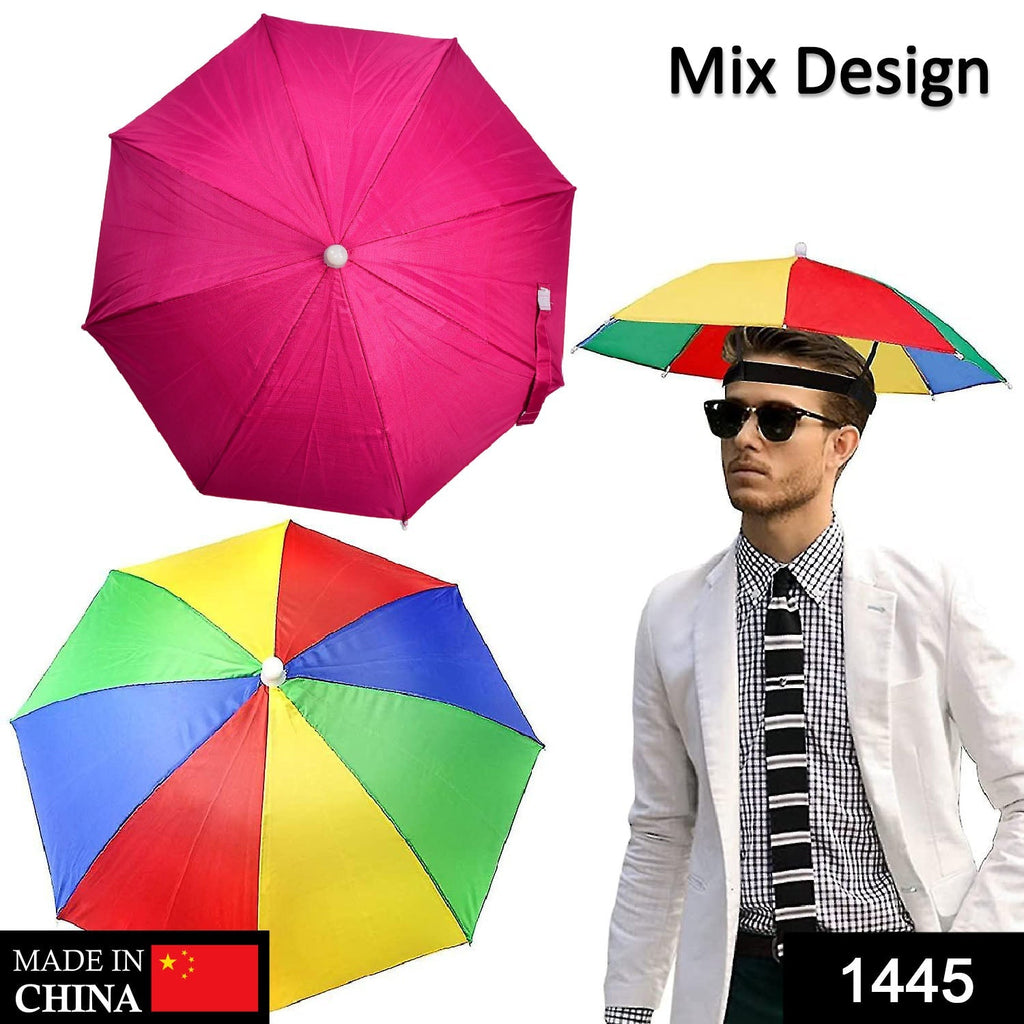 A hot pink umbrella and a colorful umbrella are shown next to a man wearing a small, colorful umbrella hat and sunglasses.