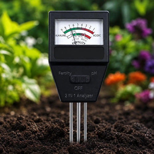 Main image showing 2 in 1 soil meter probe inserted in garden soil