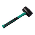 Heavy duty sledge hammer rubber mallet with shock-absorbing head and non-slip fiberglass handle.