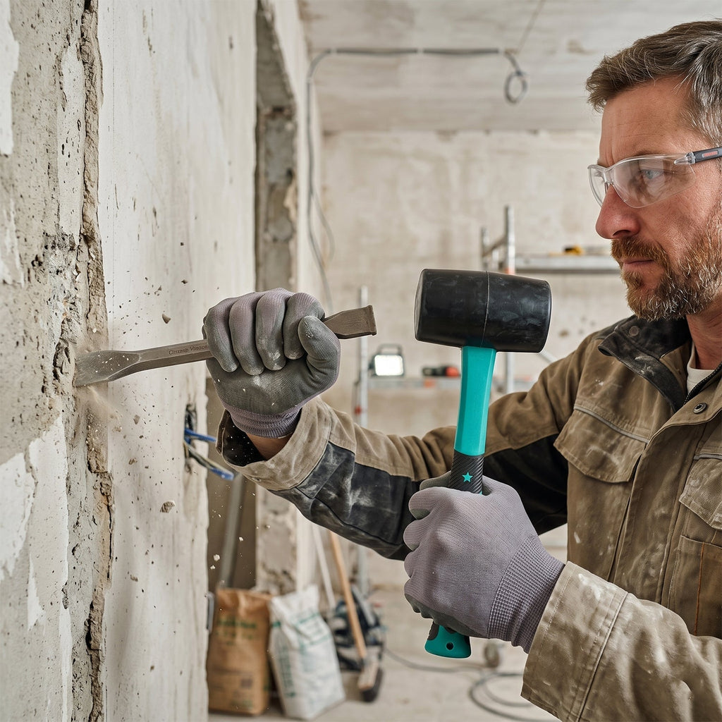 Heavy duty sledge hammer rubber mallet in active use on a construction site.