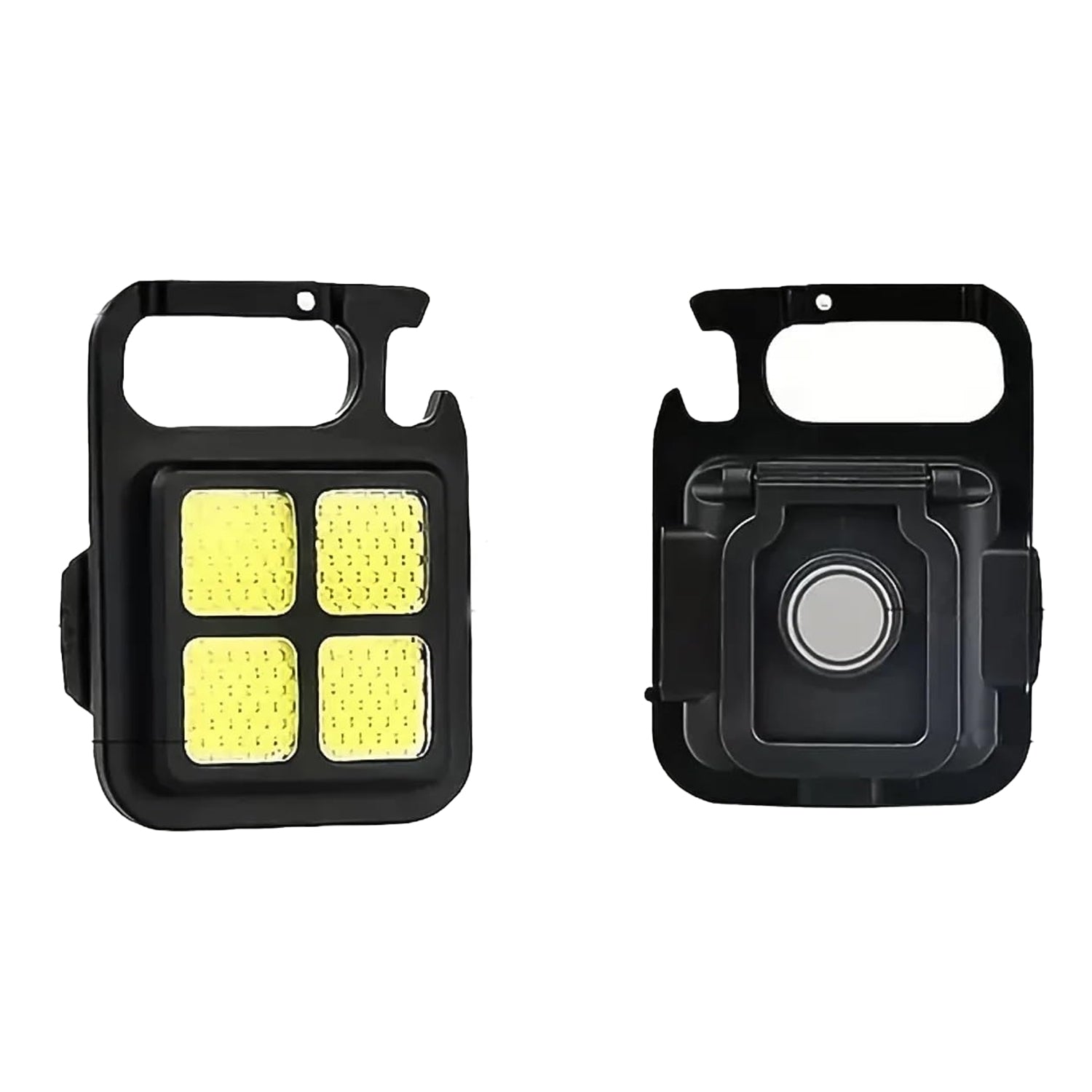 The black LED keychain light is shown from both the front, with four yellow lights, and the back, revealing a magnetic base.
