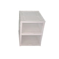 A white two-layer stackable storage rack, perfect for organizing clothes or kitchen items.