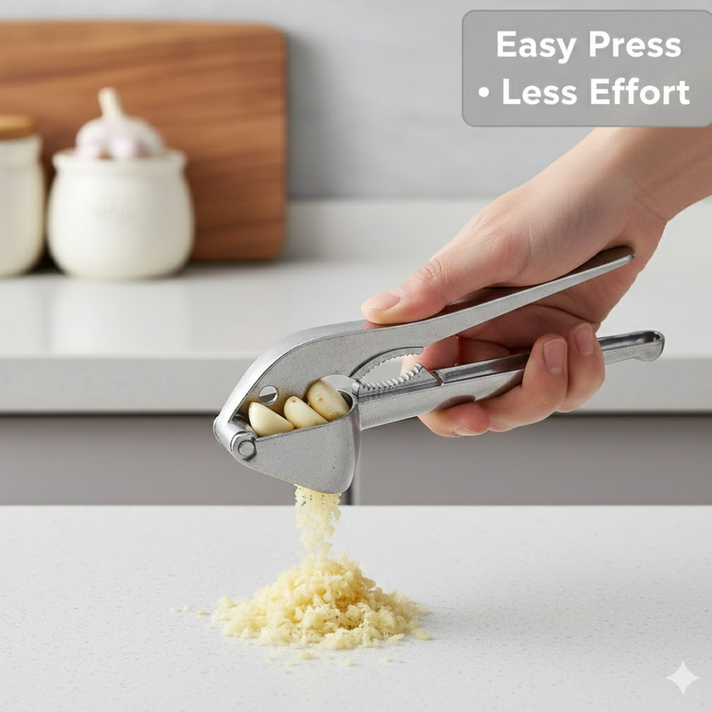 Detailed view of the crusher basket of the aluminum garlic press.