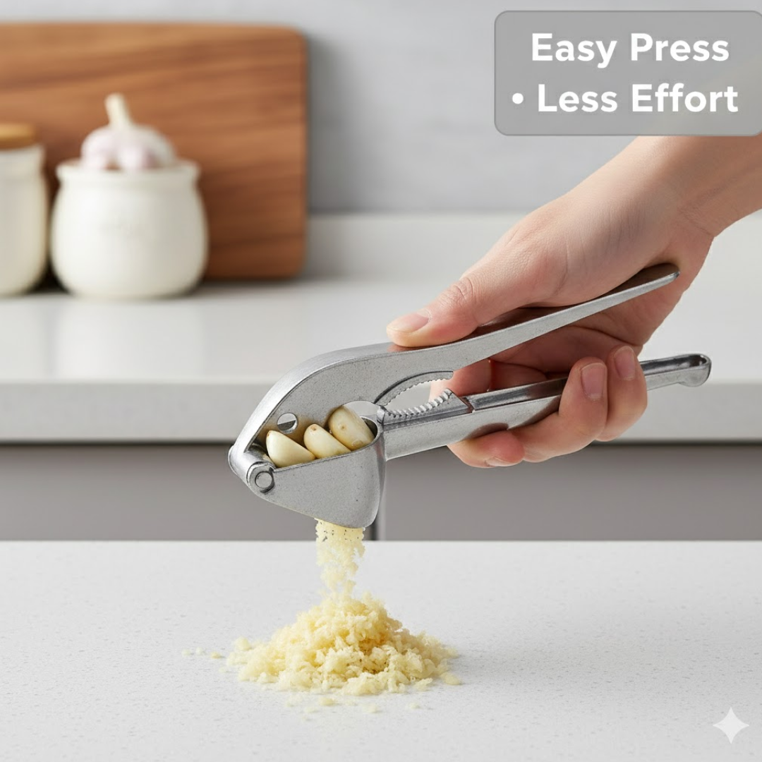 Detailed view of the crusher basket of the aluminum garlic press.