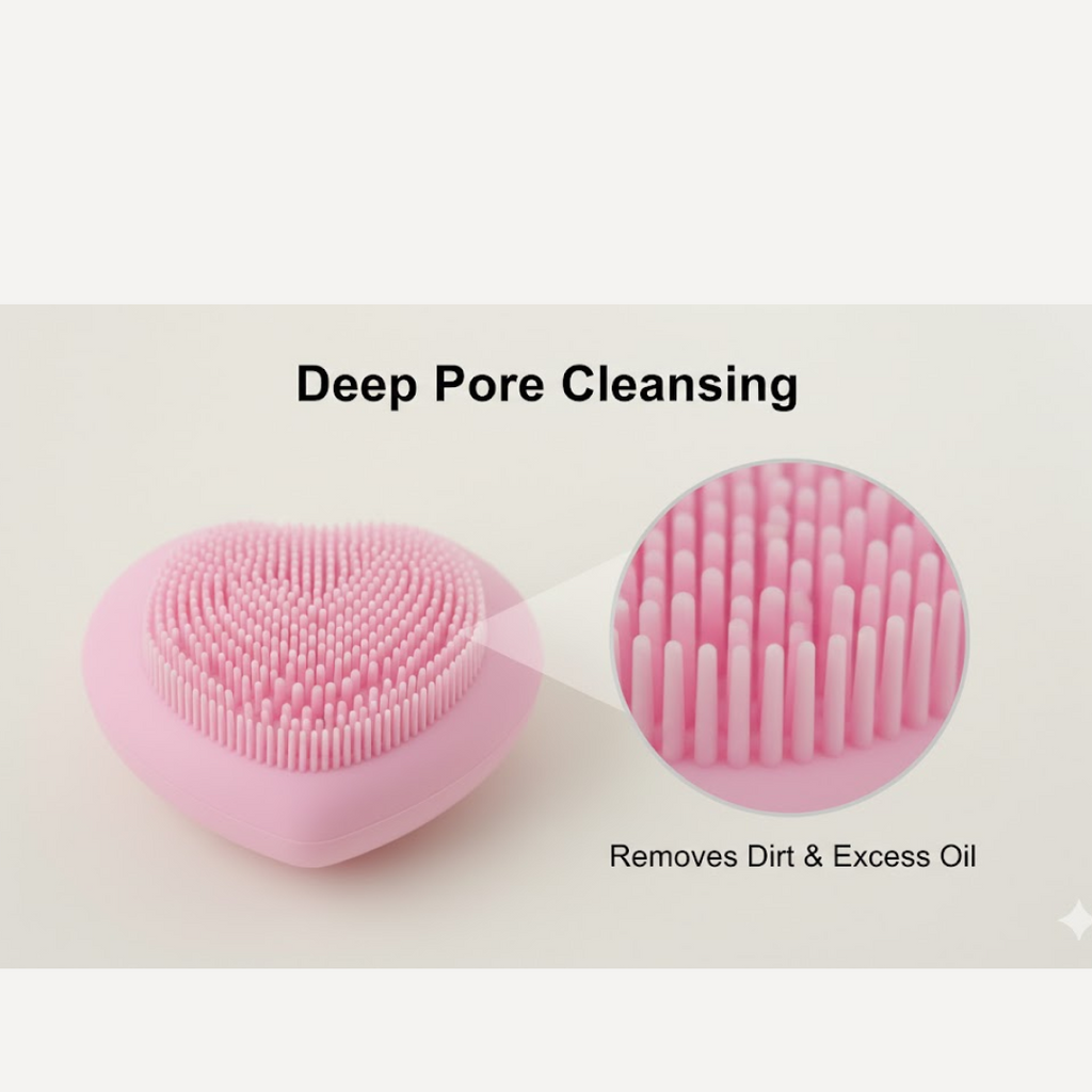 Compact heart-shaped silicone facial brush for women's skincare.