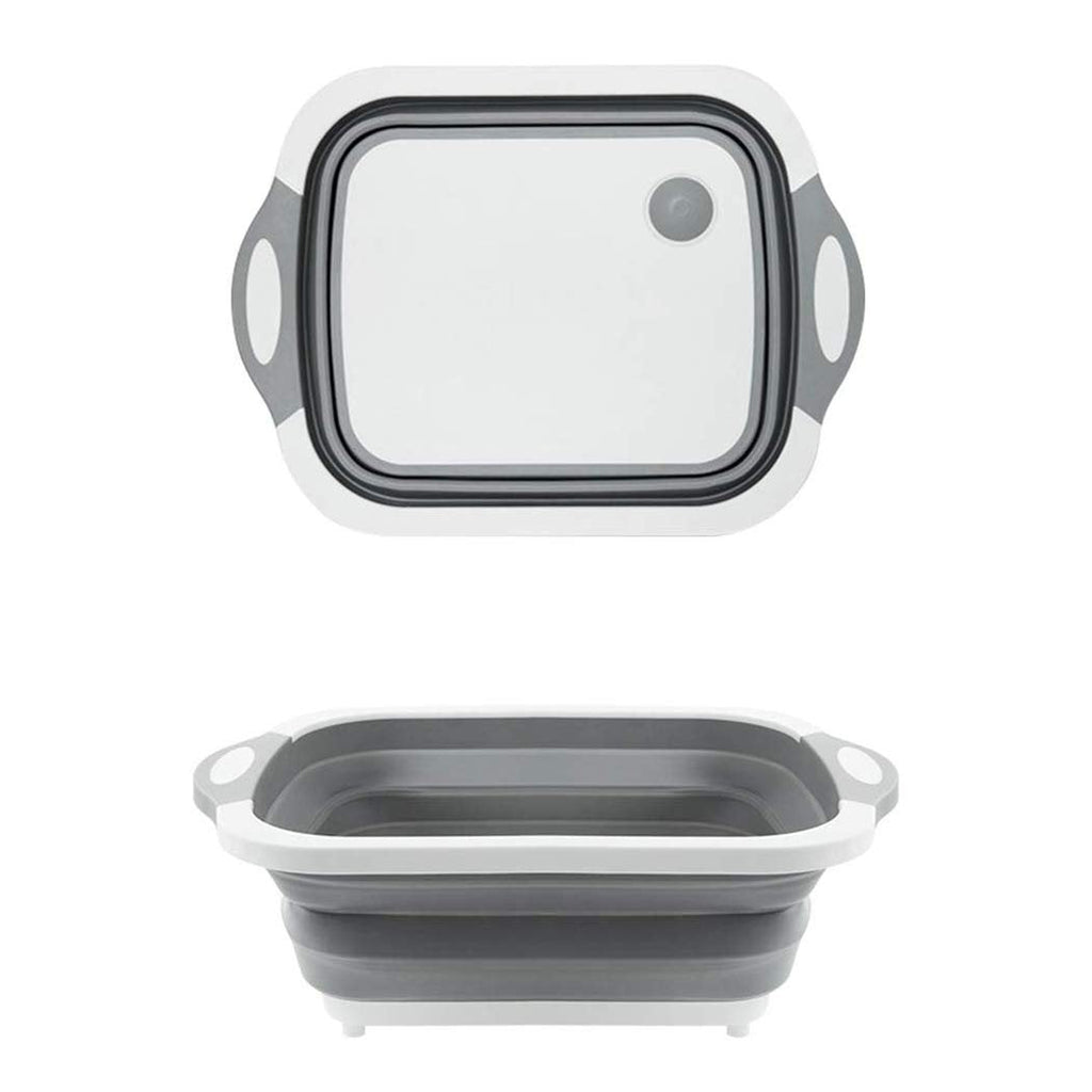 Compact foldable chopping board with dish rack and washing bowl features.