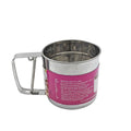 Stainless steel flour sifter with a comfortable handle, perfect for baking.