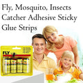 A family of three smiles behind a yellow package of four Fly Catcher sticky strips with black text.