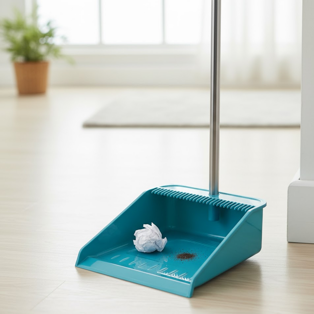 The long handle cleaning set stored upright, demonstrating its compact design.