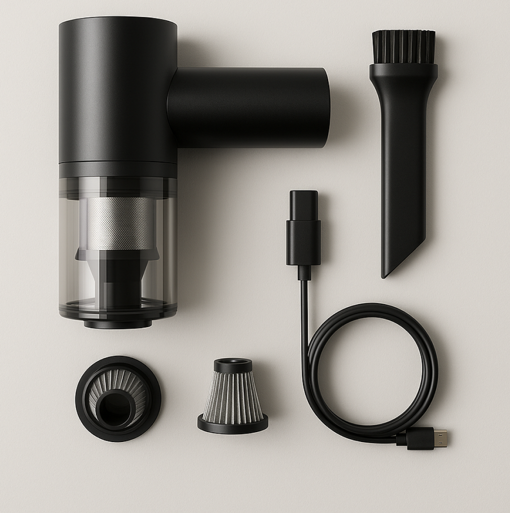 Compact wireless vacuum cleaning dust from a tight corner in a home setting.