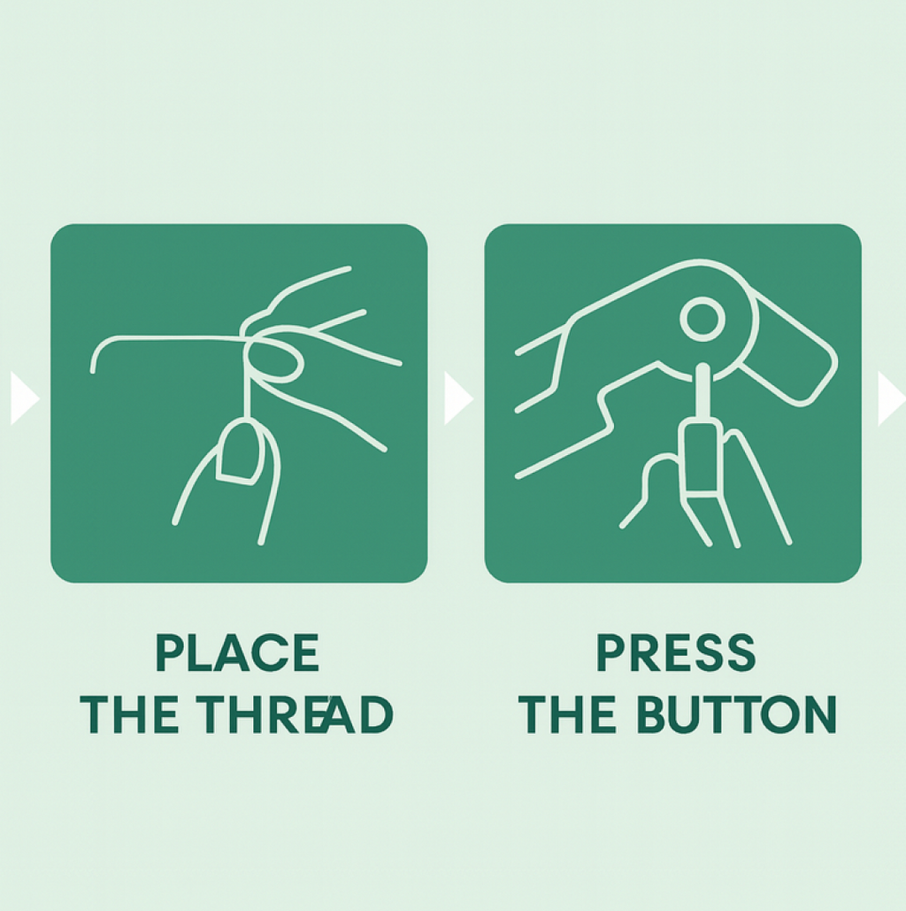 Automatic needle threader shown with a needle and thread, ready for use.