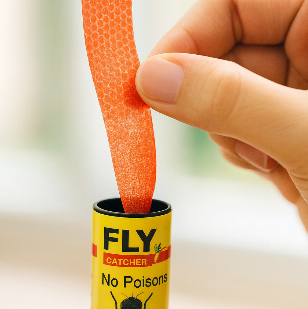 A hand pulls an orange, textured sticky strip from a yellow Fly Catcher tube labeled "No Poisons."