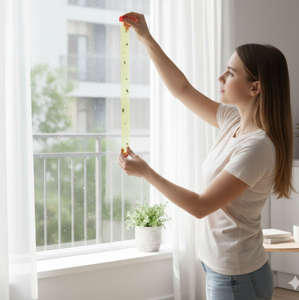 A woman in a white shirt holds a long, yellow sticky fly strip with a few small black insects on it, by a window.