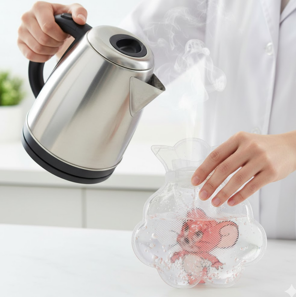 Transparent hot water bag soothing abdominal discomfort.