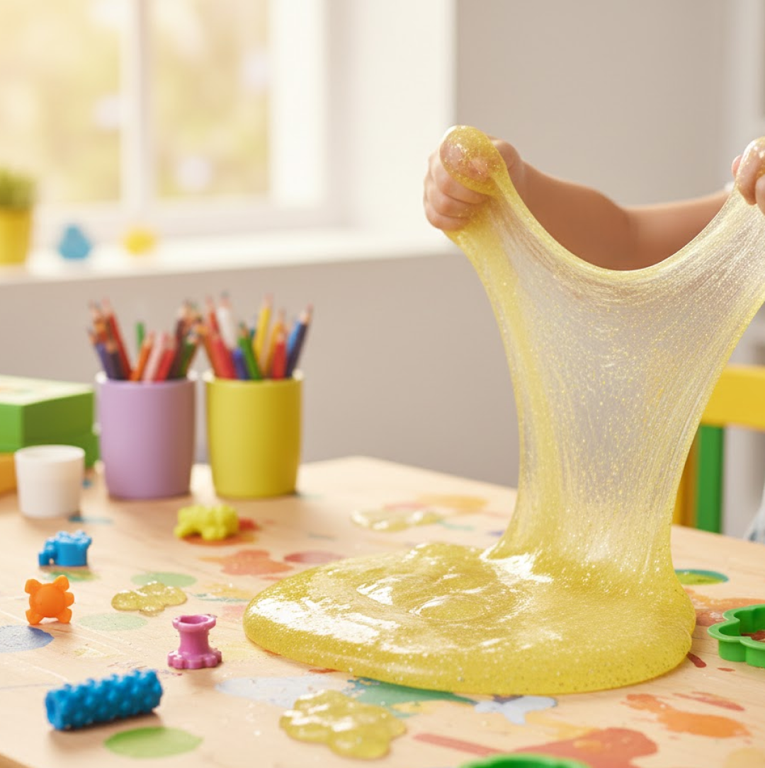 Child's hands playing with vibrant glitter slime, enhancing fine motor skills and creativity.