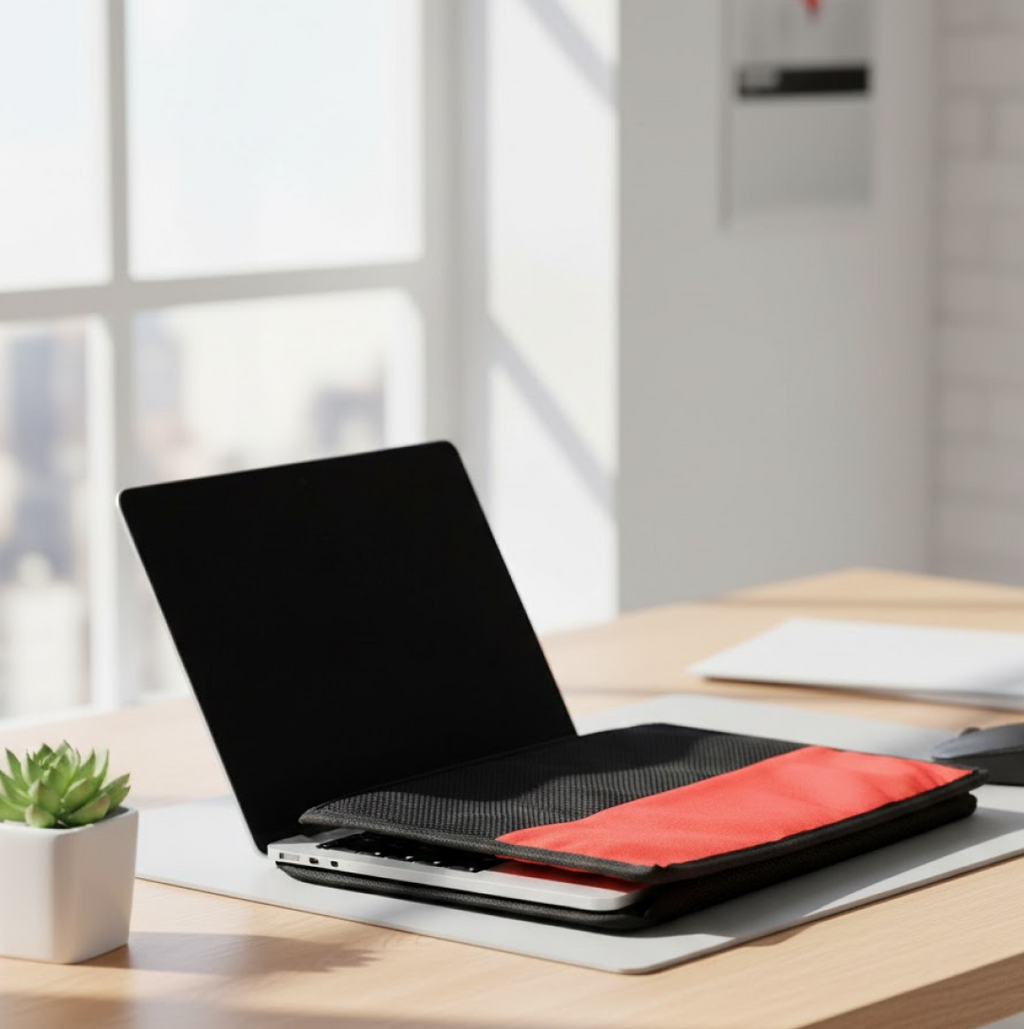 Close-up of the laptop sleeve material, highlighting its smooth texture for laptop protection.