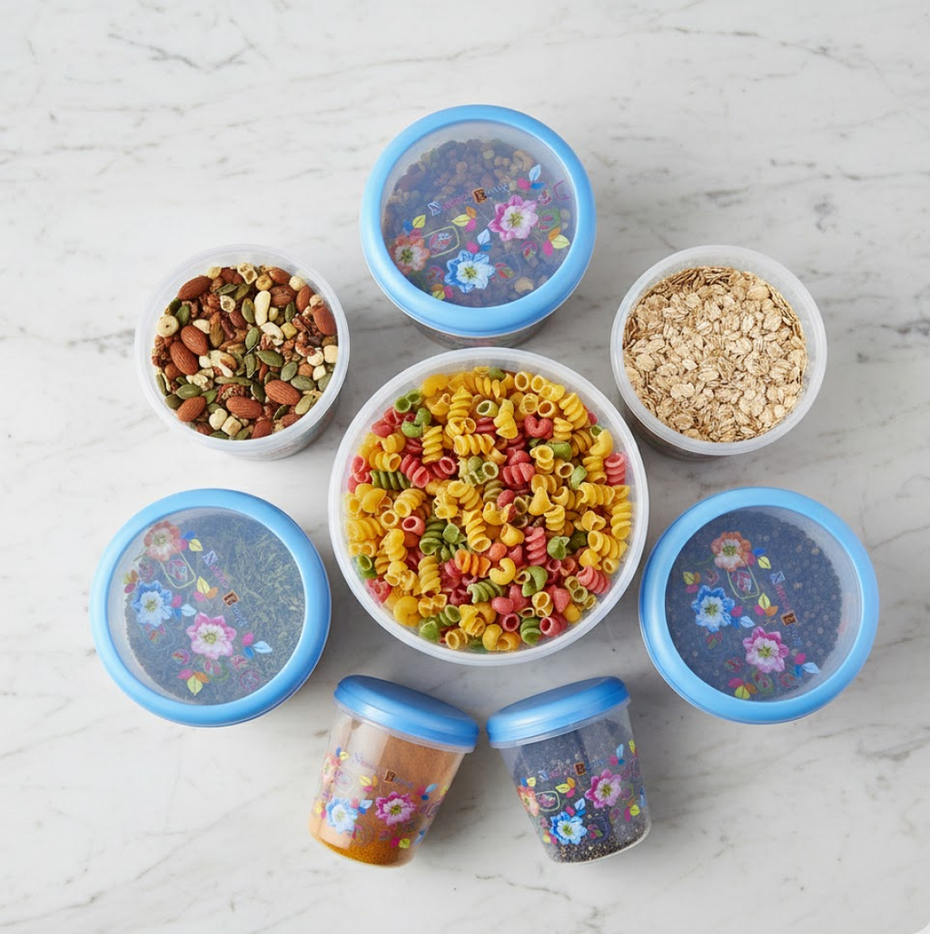 Diagram showing approximate dimensions for each of the 8 food storage containers.