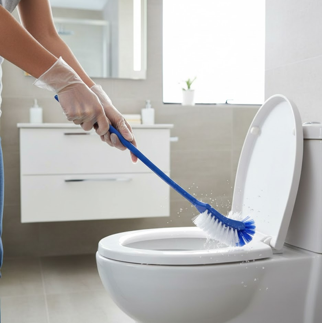 Multicolor hockey stick toilet brush with flexible bristles.