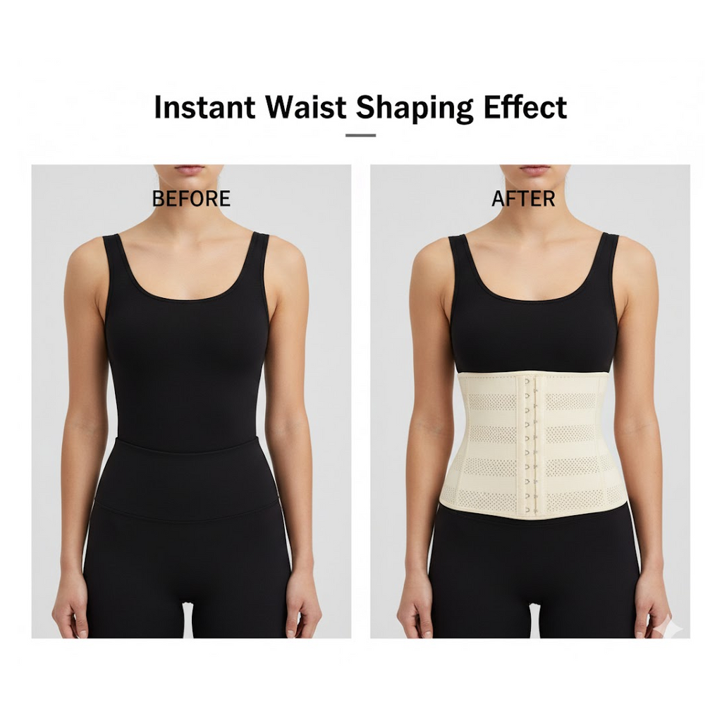 Woman wearing a black waist cincher for tummy control and posture support.