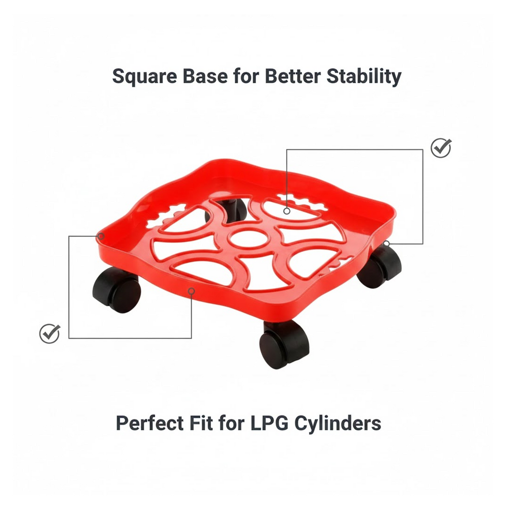 Underside view showcasing the robust construction of the plastic gas cylinder trolley.