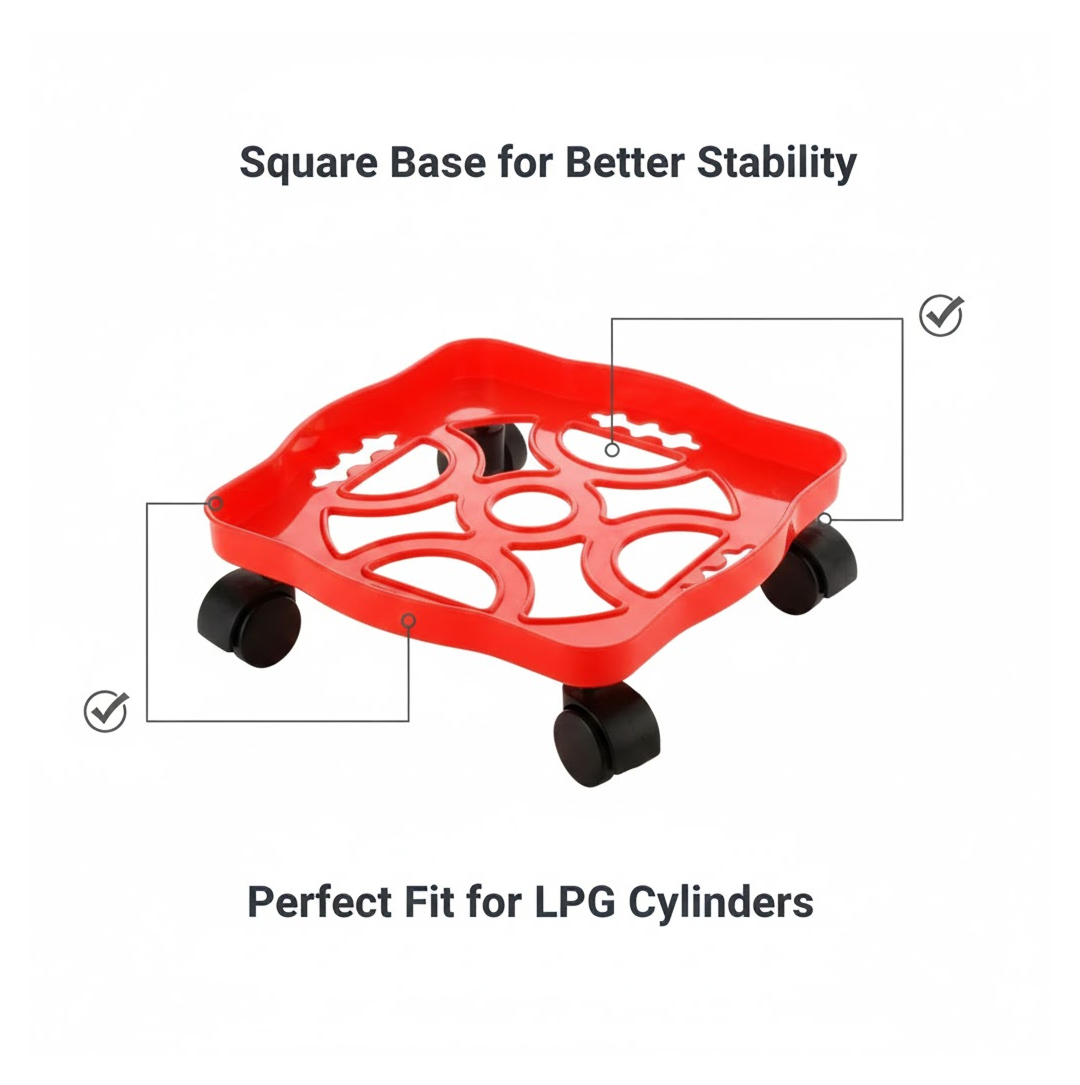 Underside view showcasing the robust construction of the plastic gas cylinder trolley.